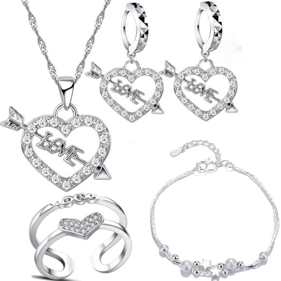 Jewelry - 💎 Bundle Set Necklace Earrings Bracelet And Ring Adjustable 925 Sterling Silver